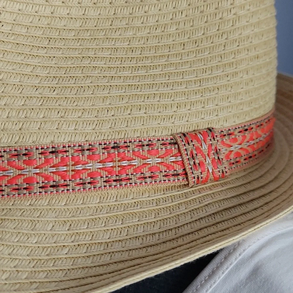 * Fedora Women's Summer Straw Hat Tan with Coral Multi Band, Like New